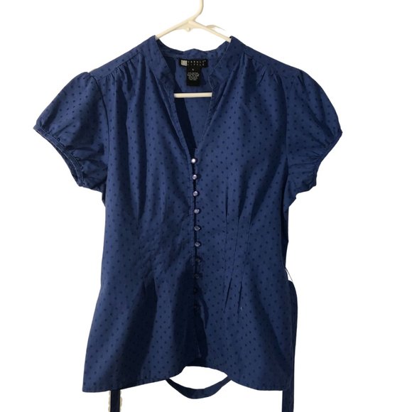 Carole Little Blue Button Down Cap Sleeve Top With Waist Tie - Picture 1 of 13